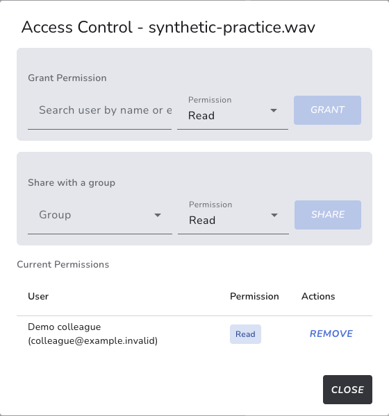 Cue access dialog with Read permission granted to Demo colleague