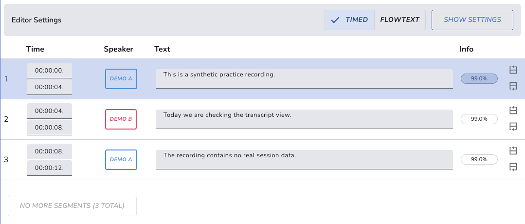 Cue transcript editor showing three synthetic segments, timestamps and two speakers