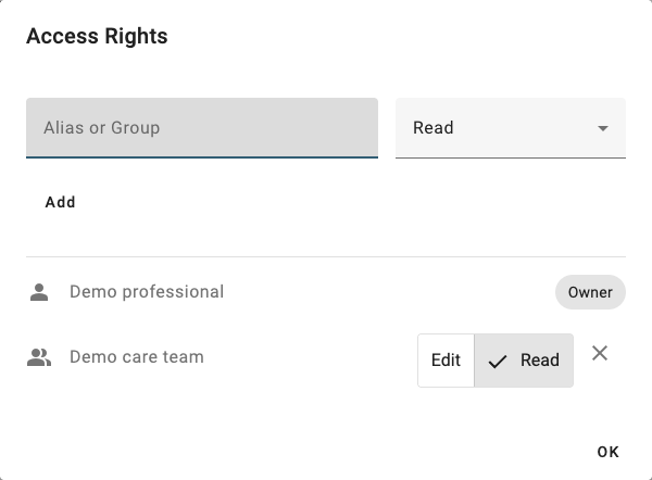 Access Rights dialog showing Demo professional as owner and Demo care team with Read access