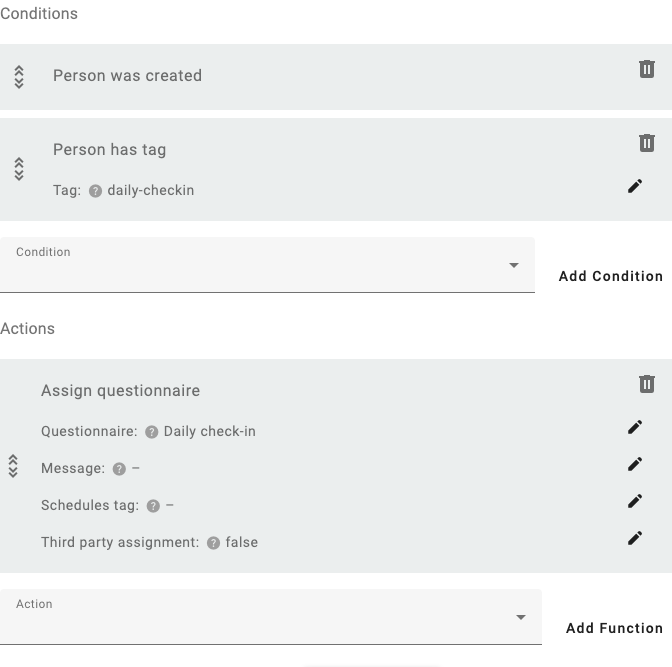 Automation conditions Person was created and Person has tag daily-checkin, followed by Assign questionnaire Daily check-in