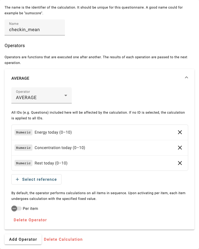 Calculation builder with AVERAGE applied to three numeric questions and Per item switched off