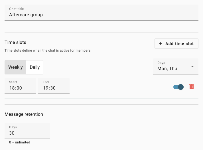 Chat settings with the chat title, a weekly time slot and the message retention period