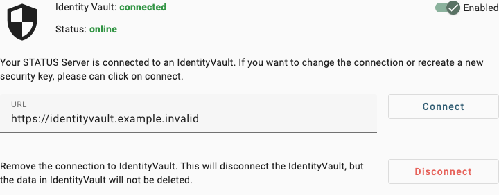 IdentityVault screen reporting a connected and online vault, with the address, connect and disconnect controls