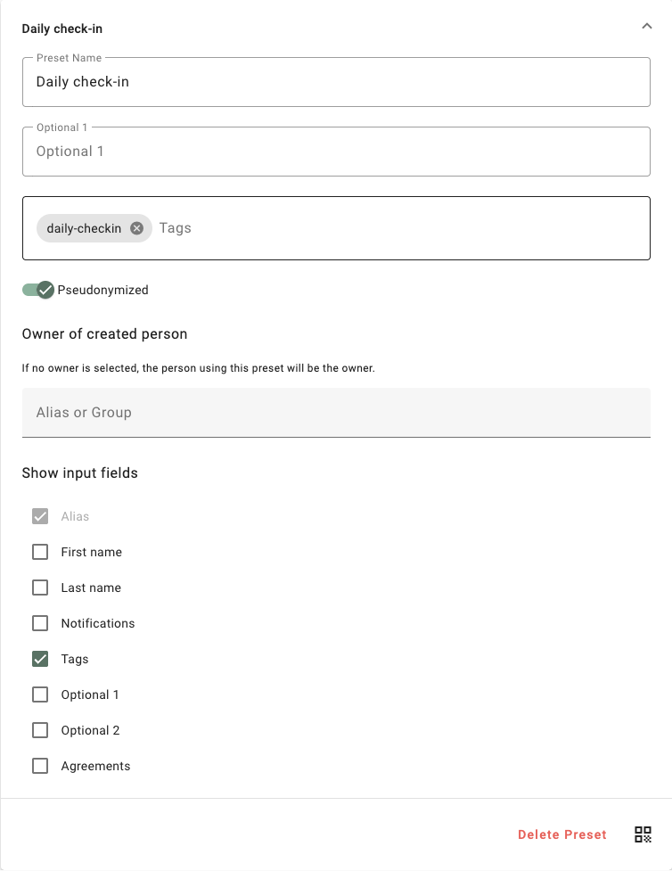 Person preset with the daily-checkin tag, pseudonymization and input-field visibility settings