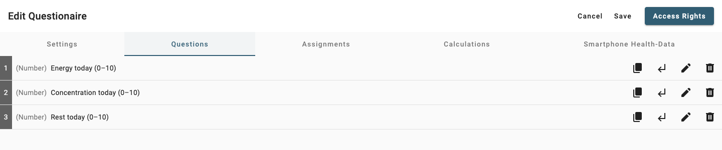 Questionnaire editor showing three synthetic Number questions